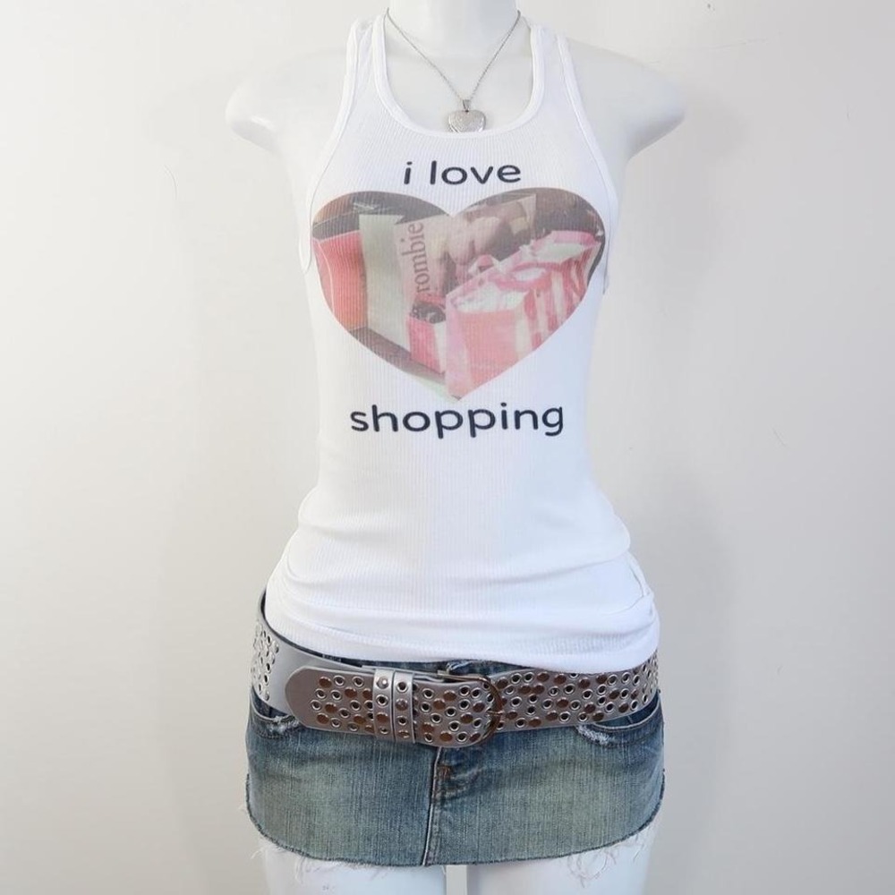 y2k i love shopping graphic tank white ribbed baby tee mcbling size S
